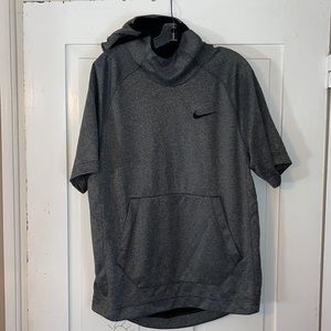 NIKE Dri Fit Short Sleeve Hoodie pouch pocket charcoal gray & black Medium